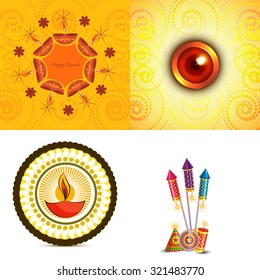 conjunto vectorial de fondo diwali con petardos y ilustración diya