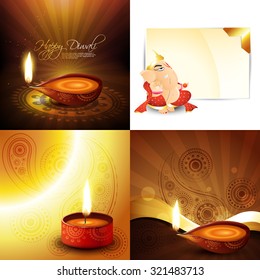 conjunto vectorial del festival de fondo diwali de hindu, ilustración de lord ganesha y hermosa diya 
