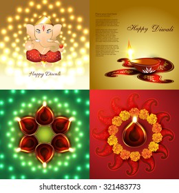 Vektorset für Diwali-Feiertagshintergrund, Illustration mit dekoriertem Diya auf Rangoli und Lord ganesha-Illustration