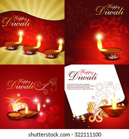 vector set of diwali holiday background illustration with decorated diya and florals 