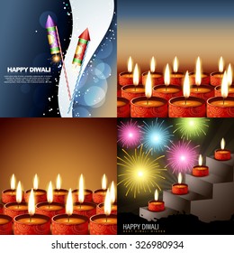 vector set of diwalli background with beautiful diya and crackers illustration