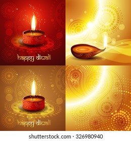 vector set of diwalli background illustration with decorated diya placed on rangoli design