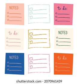 Vector Set of To do list and notes blank with hand drawn text. Checklist, task list vector illustration in handdrawn style. Hand drawn paper sheet. Memo list. Vector isolated on white background