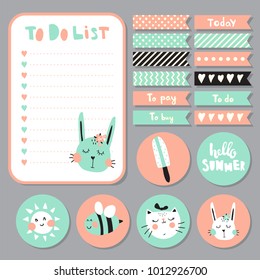 vector set, to do list, stickers and reminders, cute animals