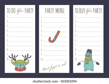 Vector set of to do lists and notes templates with hand drawn winter decorations for New Year and Christmas holidays. For party organizers, greeting cards, gifts, stationery design, scrapbooking