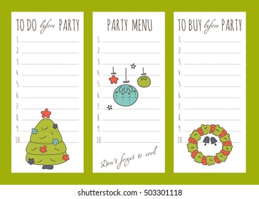 Vector set of to do lists and notes templates with hand drawn winter decorations for New Year and Christmas holidays. For party organizers, greeting cards, gifts, stationery design, scrapbooking