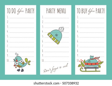 Vector set of to do lists and notes templates with hand drawn winter decorations for New Year and Christmas holidays. For party organizers, greeting cards, gifts, stationery design, scrapbooking