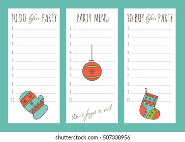 Vector set of to do lists and notes templates with hand drawn winter decorations for New Year and Christmas holidays. For party organizers, greeting cards, gifts, stationery design, scrapbooking