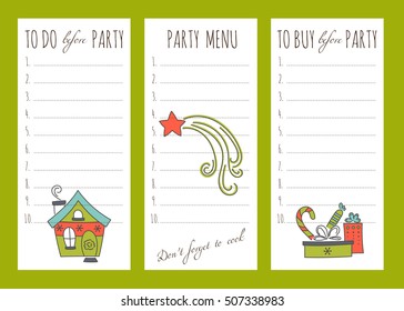 Vector set of to do lists and notes templates with hand drawn winter decorations for New Year and Christmas holidays. For party organizers, greeting cards, gifts, stationery design, scrapbooking