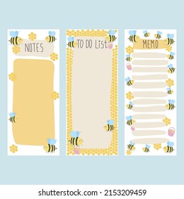 Vector set to do and memo list with cute bees and honeycombs decor.Daily planner element template.