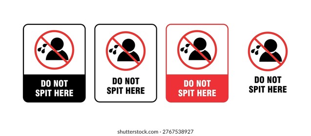 Vector set of do not spit here prohibition signs featuring spitting person silhouette with red ban circle for public hygiene rules, clean environment notice, and safety regulation boards.