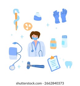 Conjunto de Vector con el doctor en máscara, guantes, símbolo médico de la serpiente, icono del diente, monitor de la presión arterial, martillo reflejo, signo de rayos X, receta médica y tubo de ensayo. Concepto de salud y diagnóstico