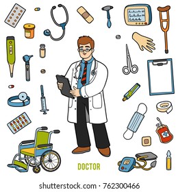 Vector set with doctor and medical objects. Cartoon colorful items