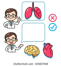 Vector set of doctor and some simple graphic organs like heart, lung and brain.