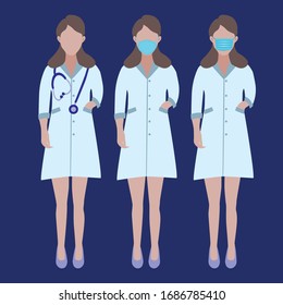 Vector Set of Doctors Character. Illustration Women's profession doctors nurse with surgical masks and phonendoscope. Stop Coronavirus concept.
