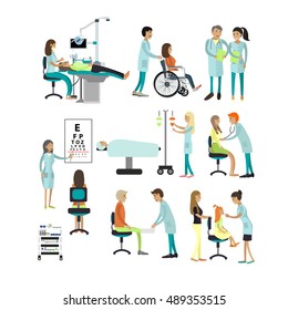 Conjunto vectorial de médicos y pacientes aislados en fondo blanco. Gente en el hospital. Control médico, cirugía.