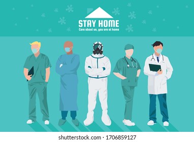 Vector set of doctors wearing various forms of clothing. 5 men and women stood inviting home to prevent the virus.