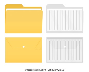 Conjunto vetorial de pastas de documentos em estilos amarelos e translúcidos. Inclui tipos de fechamento de botão e lado aberto com documentos em papel no interior.