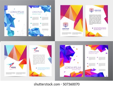 Vector set of document, letter or logo style cover brochure and letterhead template design mockup set for business presentations, arrow, cube logo. Flyer, modern faceted design