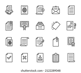 Vector set of document line icons. Contains icons contract, invoice, passport, archive, certificate, attachment and more. Pixel perfect.