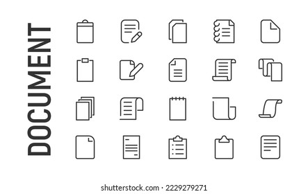 Vector set of document thin line icons. Design of 20 stroke pictograms. Signs of document isolated on a white background.