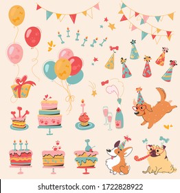 Conjunto vectorial de la fiesta de cumpleaños del perro y elementos para el diseño - perros, pasteles, huesos, champán, guirnaldas, túbulos, sombreros y caninas. Elementos decorativos en estilo caricaturista, Corgi, Pug, Labrador