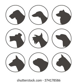 Vector set of dog breed emblems with dog heads in profile. Logos, badges and design elements, perfect for pet shops, veterinary or any other projects related to pets.