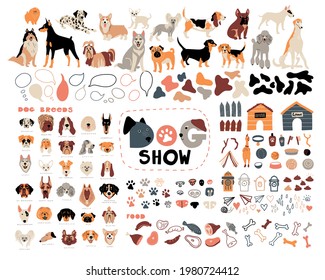 Vector set of dog breeds and decoration elements. Dog show. Hand drawn text lettering. Doodle cartoon illustration for design. 