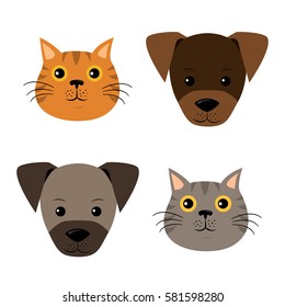 A vector set of dog, cat faces in flat style.