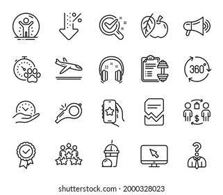 Vector set of Dog competition, Favorite app and Low percent line icons set. 360 degree, Safe time and Headphones icons. Arrivals plane, Ice cream milkshake and Buying process signs. Vector
