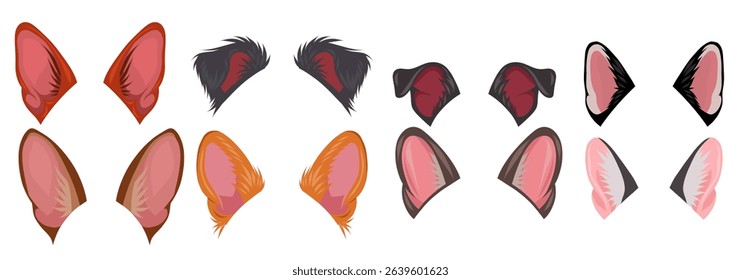 Vector set of dog ears clip art in cartoon style isolated on background. Collection of dog ears of different breeds for stickers, mobile applications, games