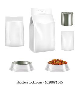 Vector Set Of Dog Food Pack Templates. Pet Food White Blank Paper Or Foil Bag, Doy-pack Plastic Bag, Tin Can, Food Bowl Realistic Packaging Mockups Isolated On White Background.