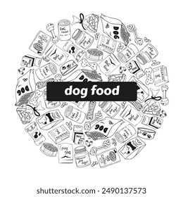 Conjunto de Vector de comida para perros en forma de círculo en estilo doodle. Imagen de alimentos para mascotas. Concepto de cuidar y cuidar a las mascotas. 