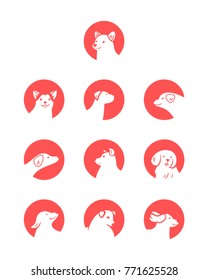 Vector set of dog icons in cartoon style, isolated on white background.
