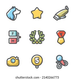 Vector Set of Dog Show Icons. Dog, Breed, Haircut, Glory, Victory, Photosession, Jury, Microphone.