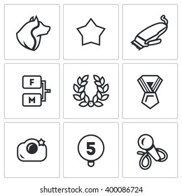 Vector Set of Dog Show Icons. Dog, Breed, Haircut, Pedigree, Glory, Victory, Photosession, Jury, Microphone. Contest to determine the most purebred dogs.