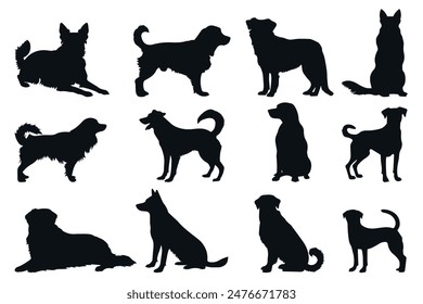 Vector conjunto de siluetas de perro. Perros negros aislados en blanco.