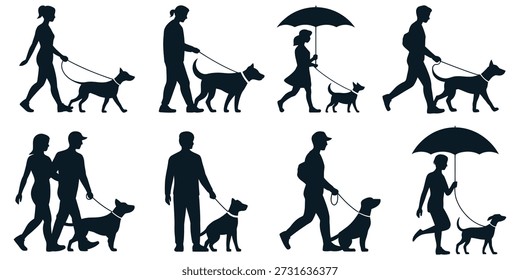 Vector set of dog walker silhouettes. Collection of black figures of people walking pets on leashes including men, women and couples with umbrellas isolated on white background.