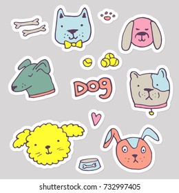 Vector set of dogs heads. Hand drawn ink illustration, sticker design