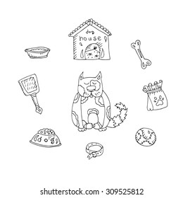 Vector set for dogs. Various objects: dog house, ball, bone, bowl of dog food, dog collar, comb. On a white background
