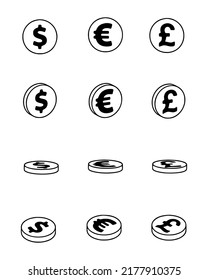 Juego de vectores de monedas en dólares, euros y libras esterlinas al estilo doodle. Pintura de las finanzas y la banca.