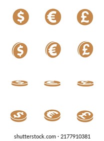 Vector set of dollar, euro and pound sterling coins in solid style. Finance and banking clip art.