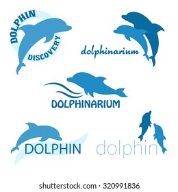 vector set of dolphinarium design of logo with dolphins and label