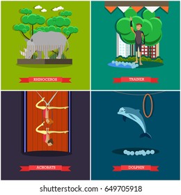 Vector set of dolphinarium, zoo and circus posters. Rhinoceros, Trainer, Acrobats and Dolphin flat style design elements.