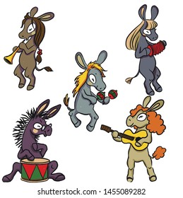 vector set of donkeys playing different musical instruments