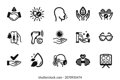 Vektorset von Dont Handshake, Hände waschen und Dermatologisch getestete Symbole einfache Set. Husten, Brillen und Fair Trade Icons. Sehbrett, Impfankündigung und Dumbell-Schilder. Vektorgrafik