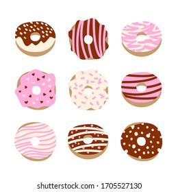 Vector set of donuts with different tastes. Isolated on white. Strawberry, chocolate and vanilla tastes. Sweets illustration. Dessert set. Cartoon style.