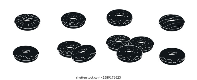 Vector set of donuts with different types of glaze. Donuts separately, two and three donuts together. Donut silhouette isolated on white. Collection of filled donuts. Fast food vector illustration