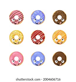 Vector set of donuts with funny faces isolated on white background, donuts lick icing on donuts.