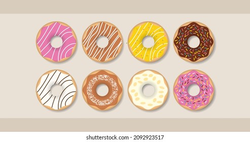 Vector set of donuts isolated on cream background. Donut collection with white chocolate topping, Coconut Chocolate, Milk, Almond, Pineapple, Strawberry, and Chocolate Donut.